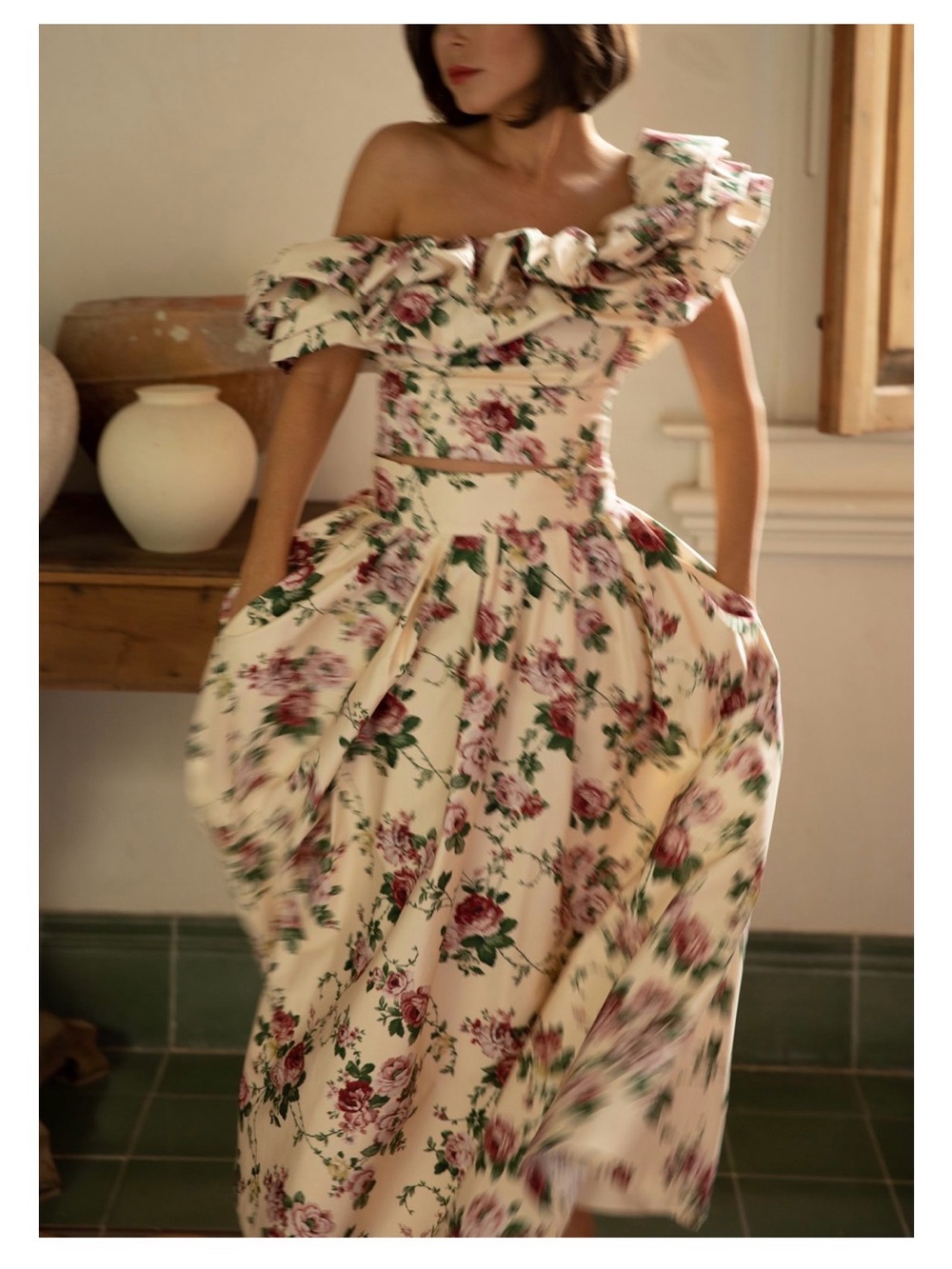 ANTONIO MELANI Cream Floral Maxi Dress with Pink Rose Print (2 piece set) - Picture 2 of 16
